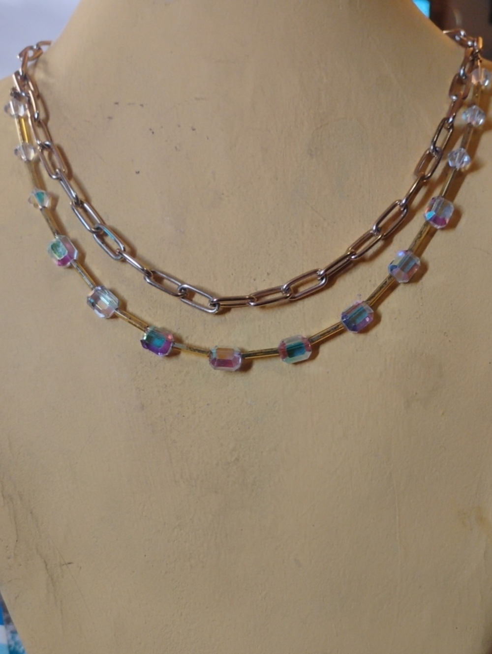 Layered Austrian Crystal AB Paperclip Chain Necklace, Iridescent Rainbow Station